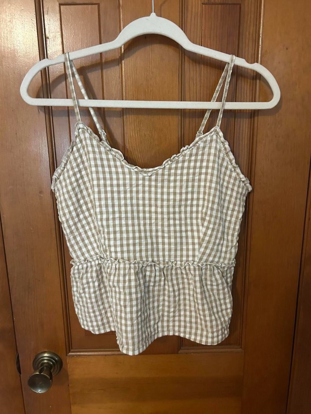 Gingham Beige Spaghetti-Strap Peplum Cami